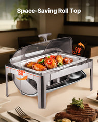 4Qt 1 Pack Rectangle Roll Top Chafing Dish Set 2 Half Size Pans Stainless Steel