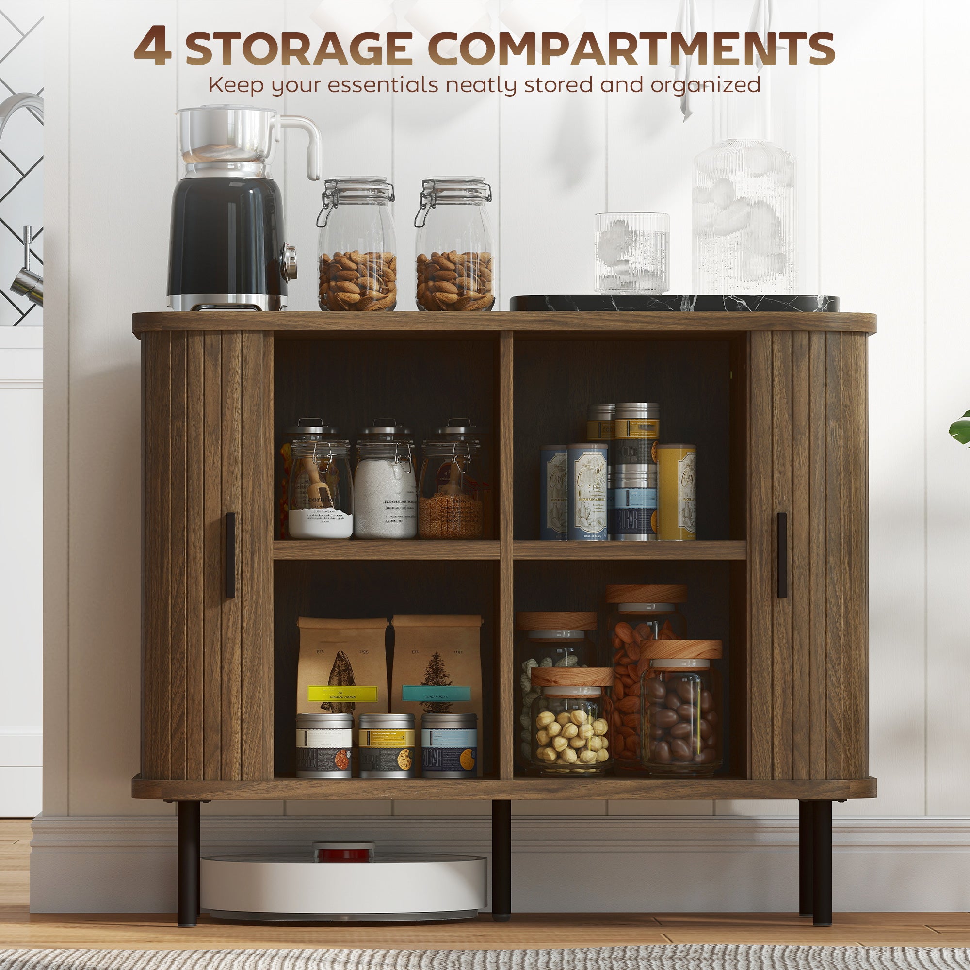 35.4" Sideboard Buffet Cabinet with Storage, Nordic Coffee Bar Cabinet with Slatted Tambour Doors and Metal Legs, Walnut