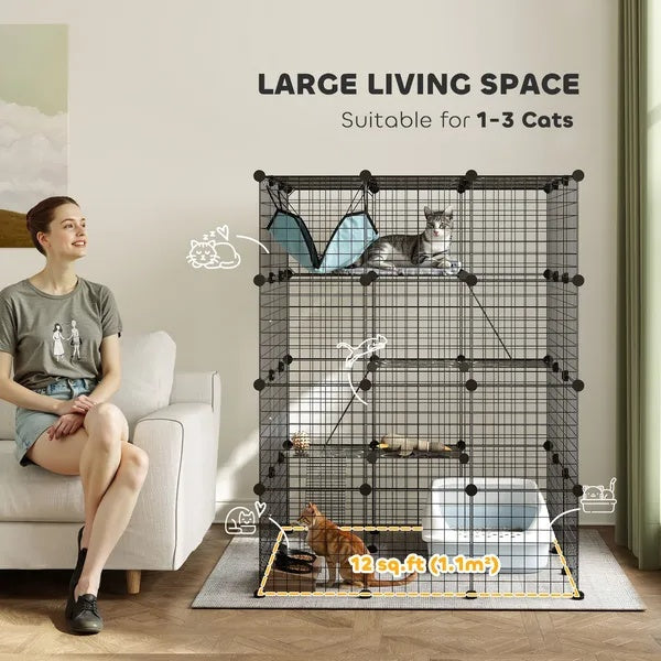 DIY 4 Tier Cat Cage Indoor With Hammock, Ramps, Jumping Platforms, Doors, Cat Enclosure For 1-3 Cats, 3 X 3 X 4, Black