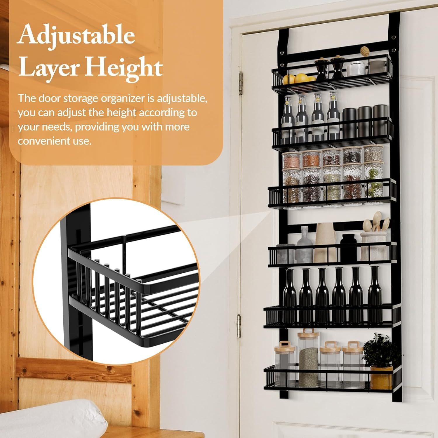 Behind-the-door Food Cabinet Storage Rack, Metal Hanging Spice Rack, Cabinet Door Storage Rack With Adjustable Basket, Kitchen Wall-mounted Spice Rack.