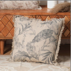 Linen Printed Cushion With Fringes  Brown