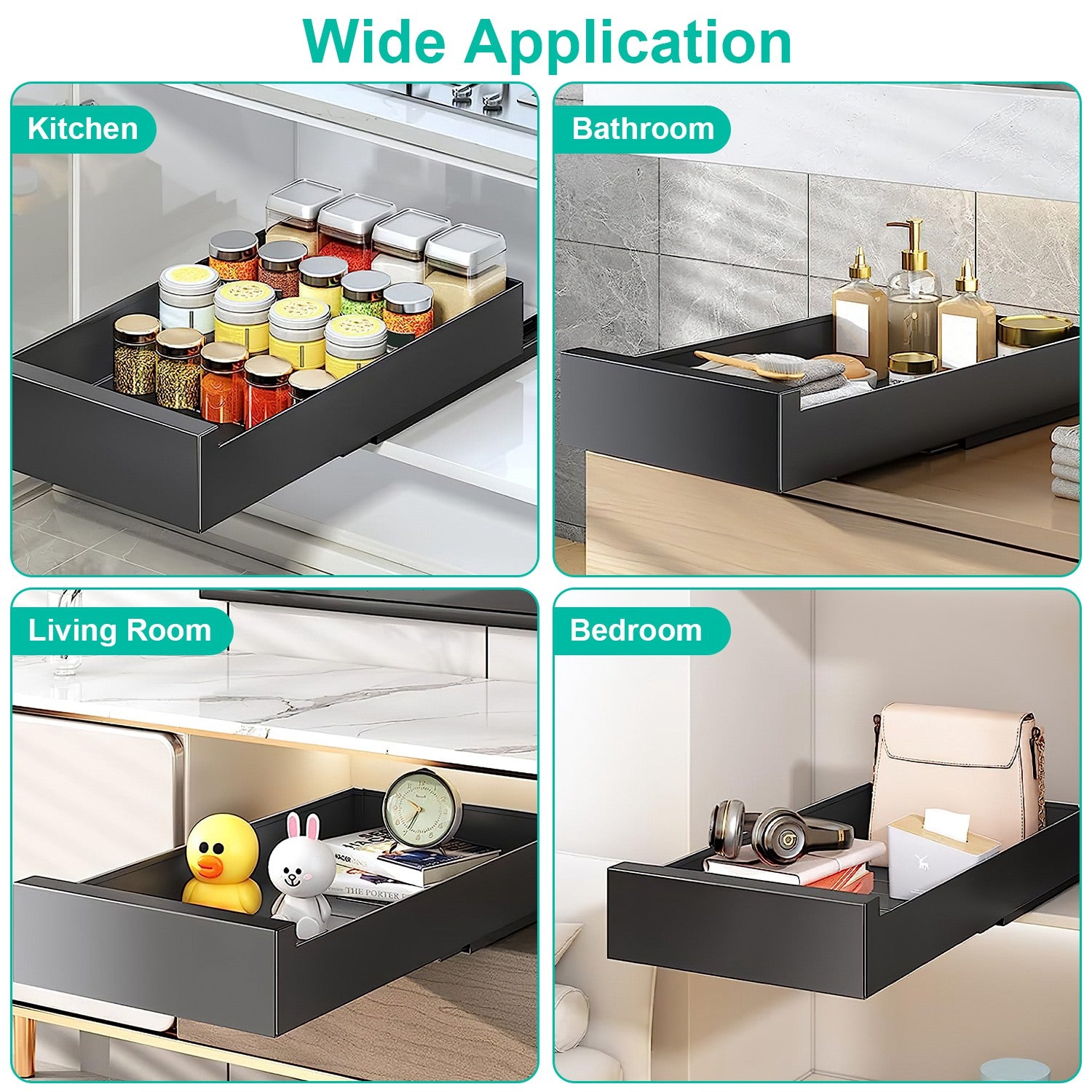 1Pc Pull Out Cabinet Organizer Carbon Steel Slide Out Drawer Storage Smooth Quiet Slide Rails For Kitchen Bathroom Living Room Black 11.81x16.92x2.75inch