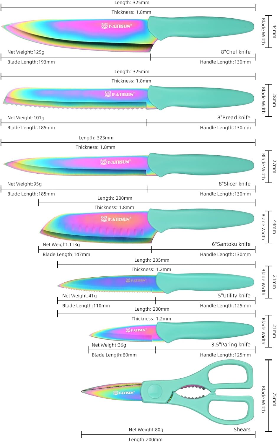 13 Piece Blue Non-Stick Stainless Steel Boxed Knives Set