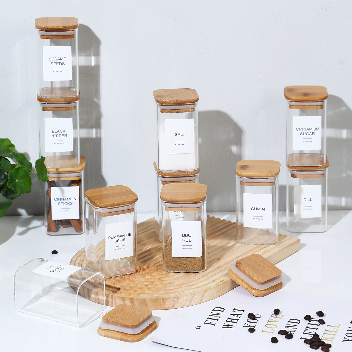 12 Pcs Square Spice Jars With 72 Stickers, Kitchen Pepper Jars For Salt Seasoning, Snacks, Tea, Coffee