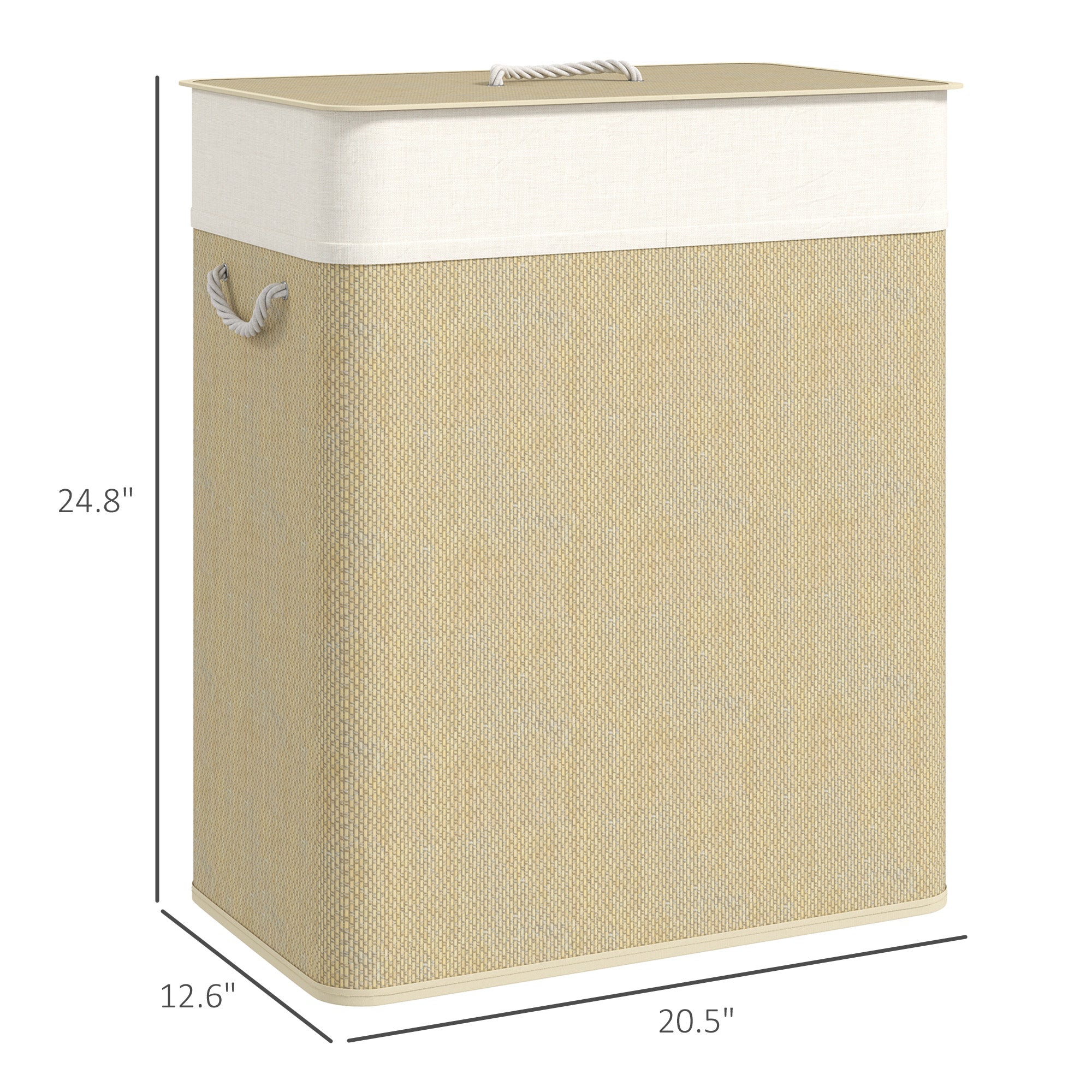 Double Laundry Basket with Lid, 26.4 Gallon Bamboo Laundry Hamper with Rope Handles and Removable Liner, Natural