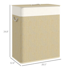 Double Laundry Basket with Lid, 26.4 Gallon Bamboo Laundry Hamper with Rope Handles and Removable Liner, Natural