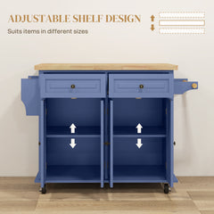 Kitchen Island on Wheels, Rolling Cart with Rubberwood Top, Spice Rack, Towel Rack and Drawers, Navy Blue