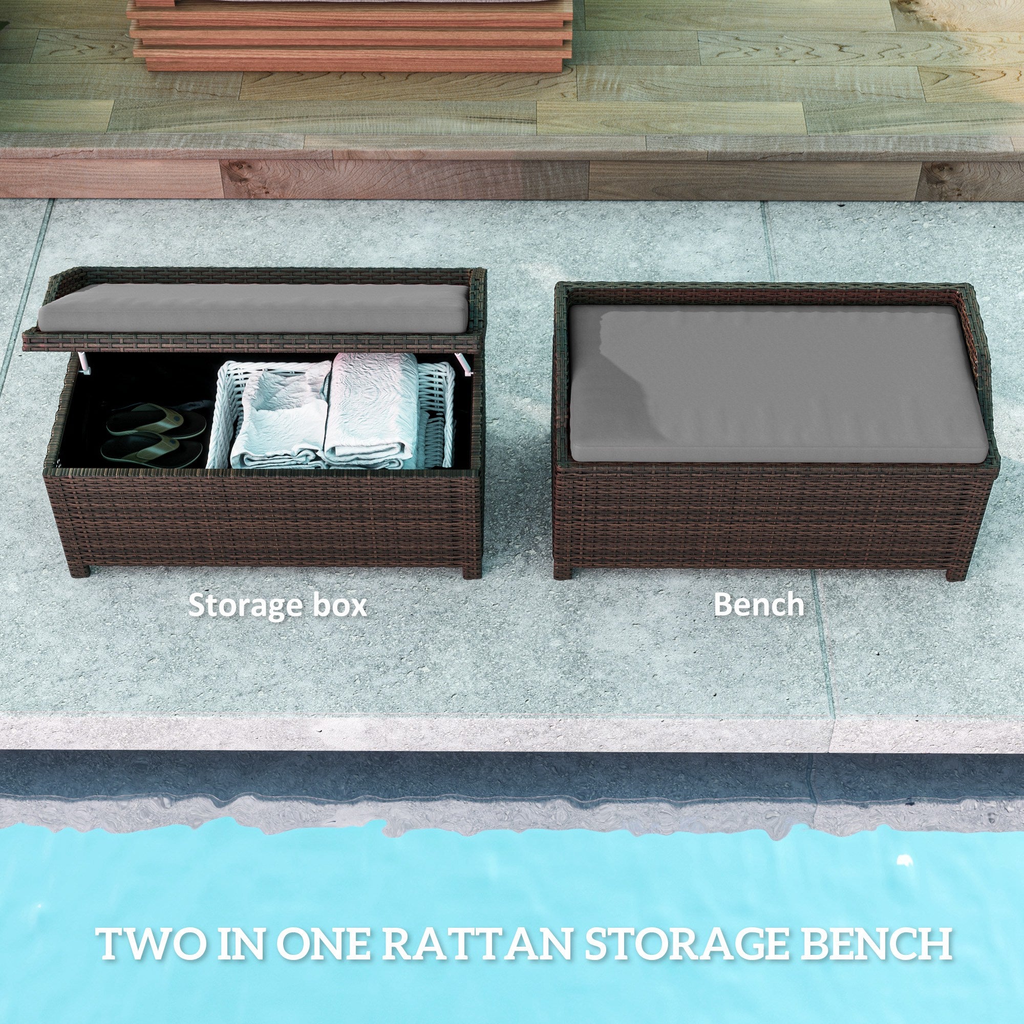 Outdoor Wicker Storage Bench With Storage & Cushion, Gray