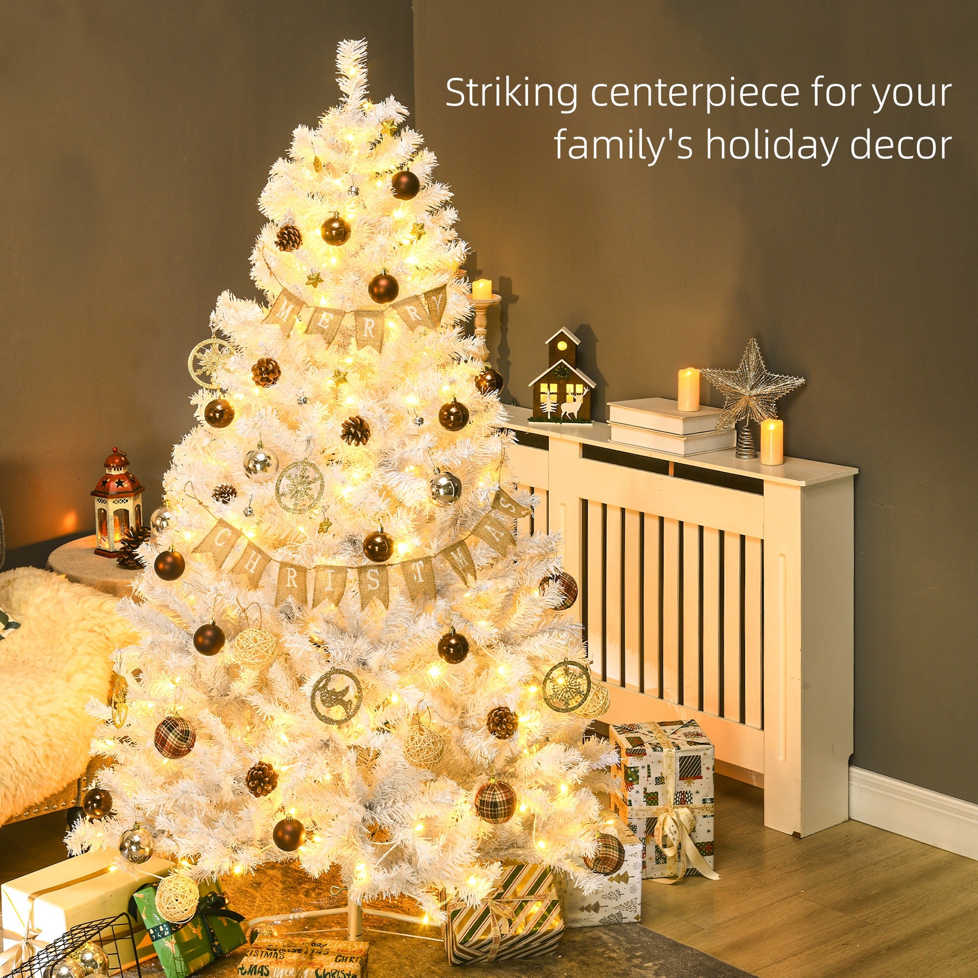 HOMCOM 6ft Tall Prelit Artificial Christmas Tree Holiday Decor With 638 Branches, 220 Warm White LED Lights, Auto Open, White