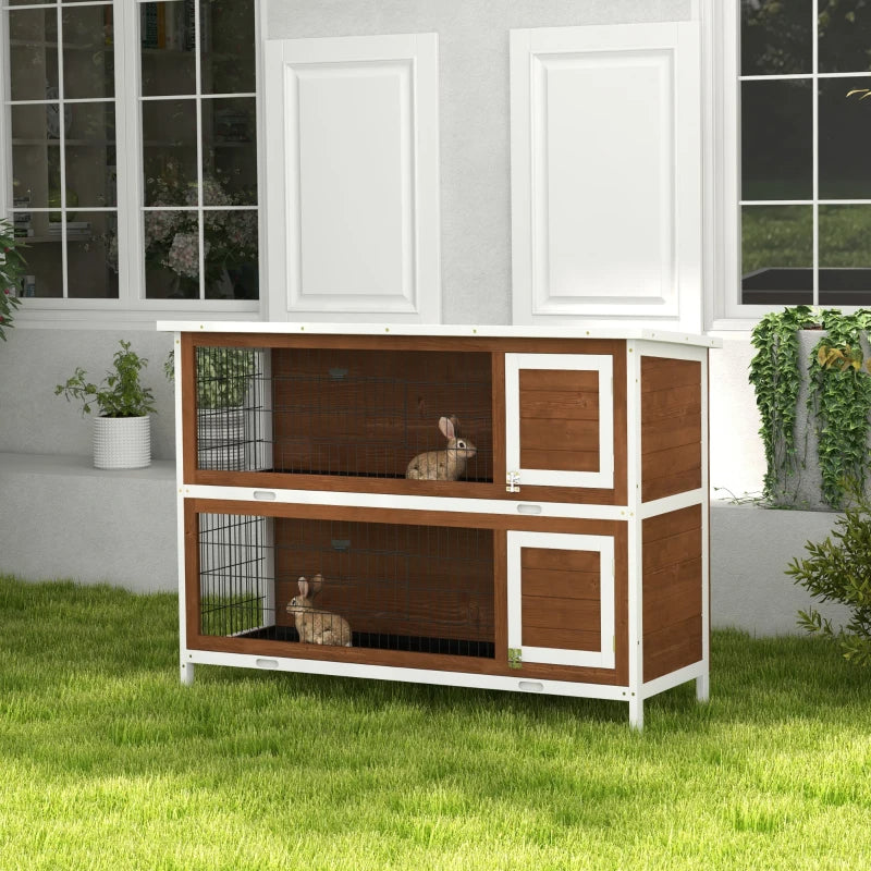 PawHut Wooden Rabbit Hutch Dividers Asphalt Roof For Small Animals & Outdoors, Brown