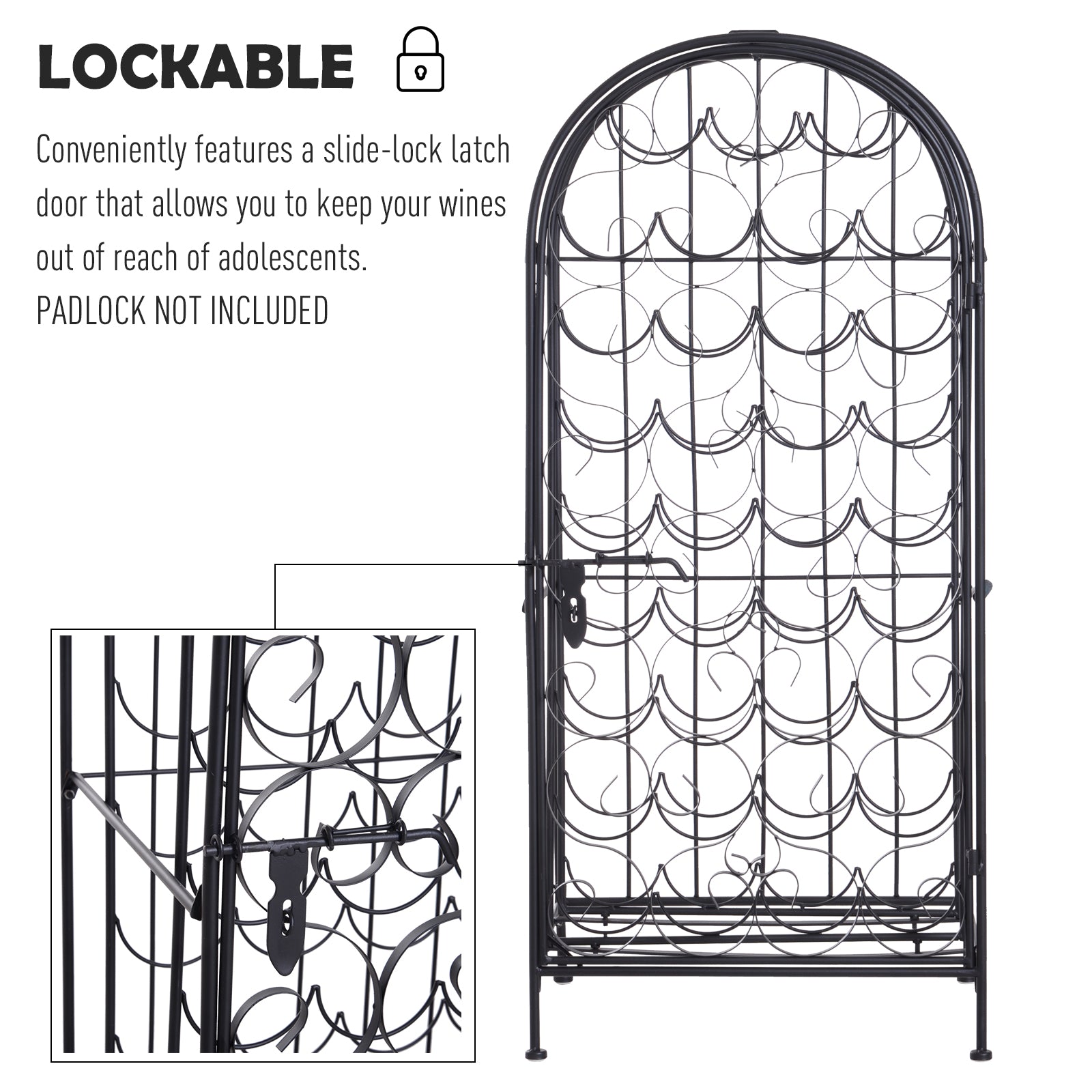 35 Bottle Wrought Iron Wine Rack Cabinet with Lock,  Black