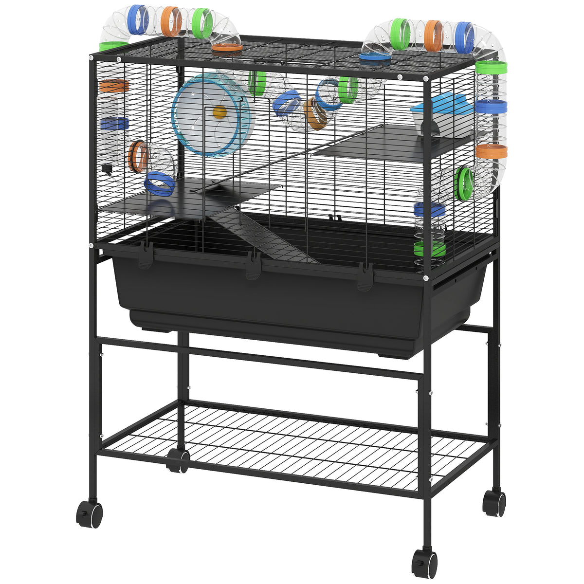 3 Tier Hamster Cage, Rolling Rat Cage with Deep Tray, Storage Shelf, Big Exercise Wheel, Hut, Tube System