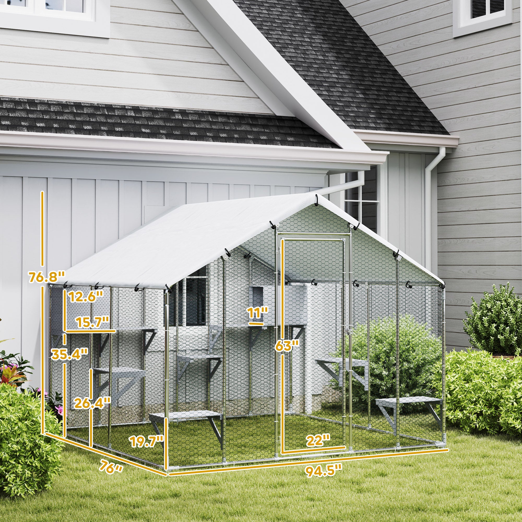 94.5" Extra Large Metal Outdoor Catio with Waterproof Cover, 2 Resting Boxes, 7 Jumping Platforms, for Multiple Cats