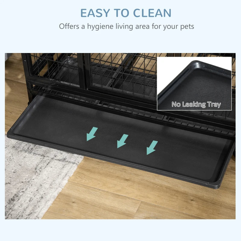 PawHut Heavy Duty Dog Crate With Removable Tray, Lockable Wheels And Double Door, For Medium And Large Dogs, Black