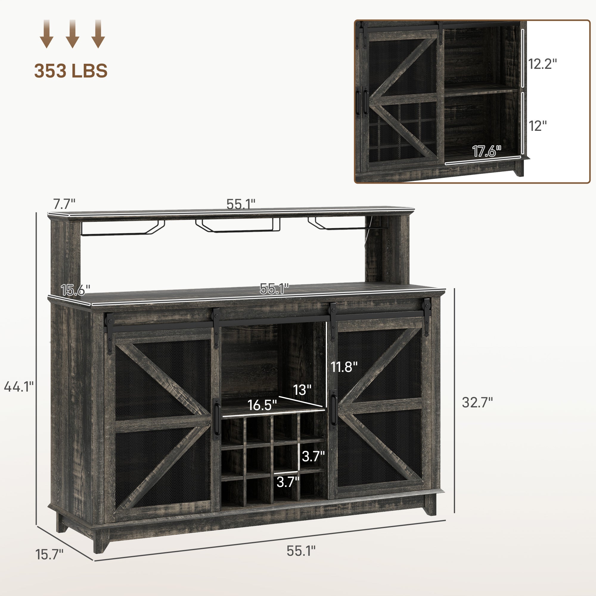 55" Coffee Bar Cabinet with Lights, Farmhouse Wine Cabinet with Wine and Glass Racks for Kitchen, Dining Room, Brown