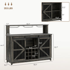 55" Coffee Bar Cabinet with Lights, Farmhouse Wine Cabinet with Wine and Glass Racks for Kitchen, Dining Room, Brown