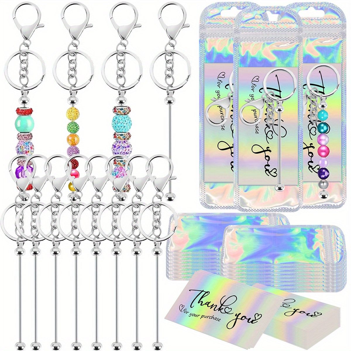 60 Pieces Of Bulk Beaded Keychain Blanks, Beaded DIY Blank Keychains, Metal Beaded Keychain Bags And Thank You Card Set, Including 20 Beaded Keychains, 20 Packaging Bags, And 20 Thank You Cards, Suita