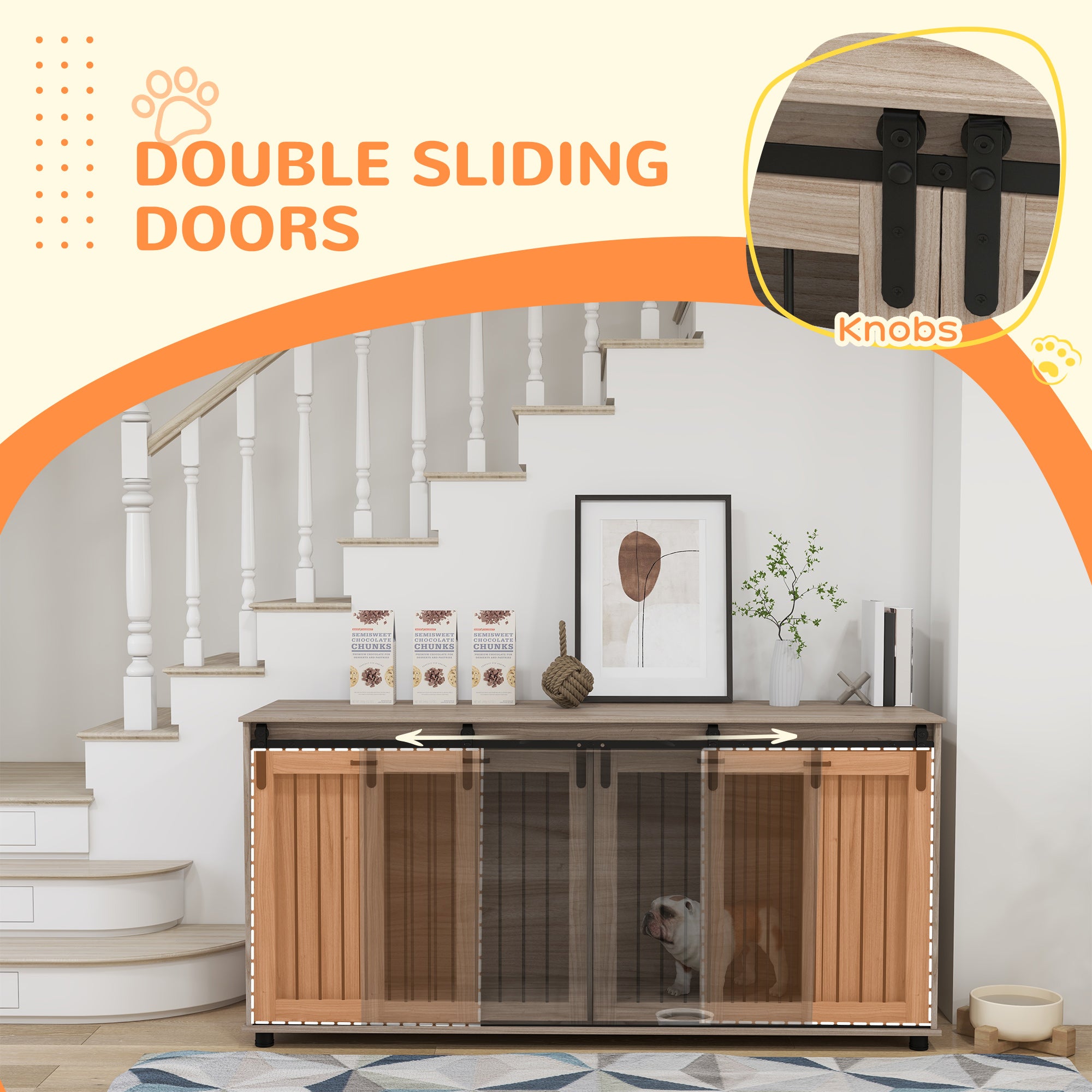 71" Modern Dog Kennel Furniture with Removable Divider, Storage for 2 Small Dogs or 1 Large Dog, Walnut