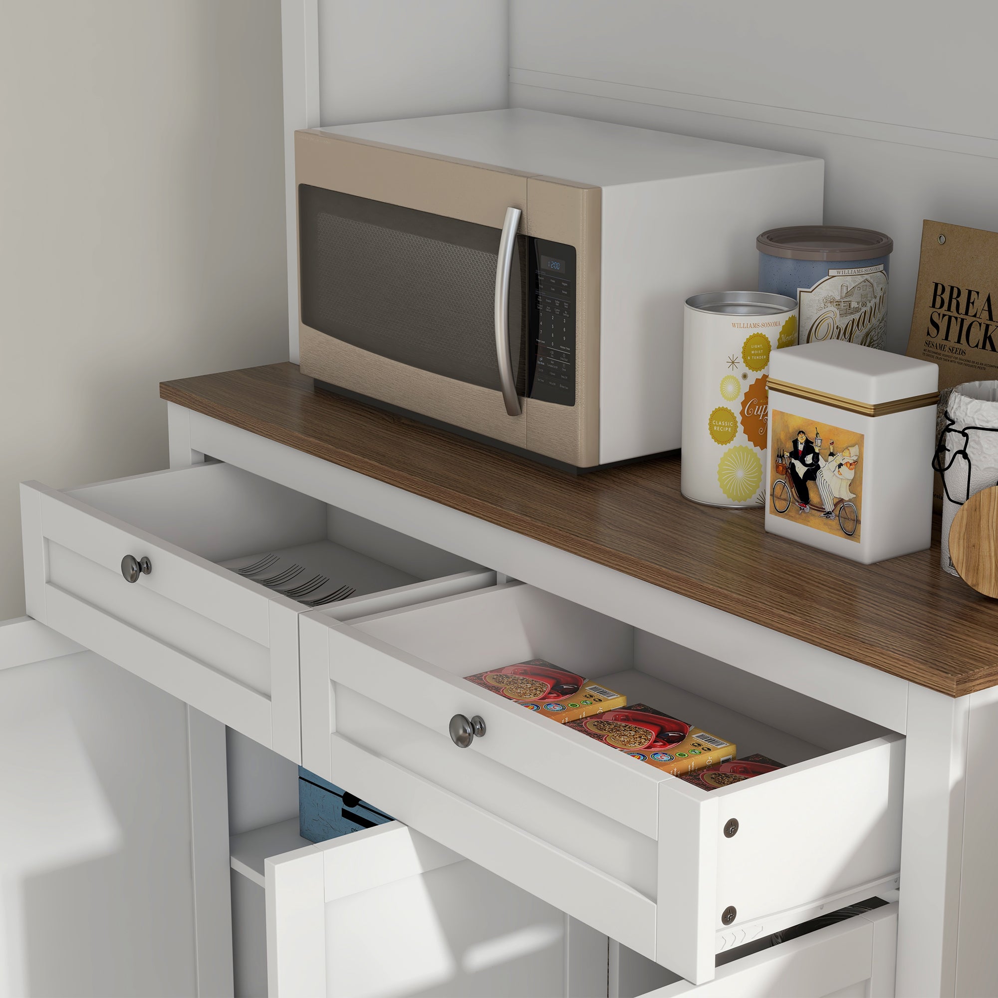 71" Kitchen Pantry Cabinet with Microwave Stand, Kitchen Hutch with 2 Drawers and Adjustable Shelves, White