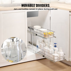 2-Tier 8.5"Wx21"Dx15"H Wire Pull Out Cabinet Under Sink Organizer Drawer Basket, 10"Wx22"Dx18"H  Install Size For Cabinet