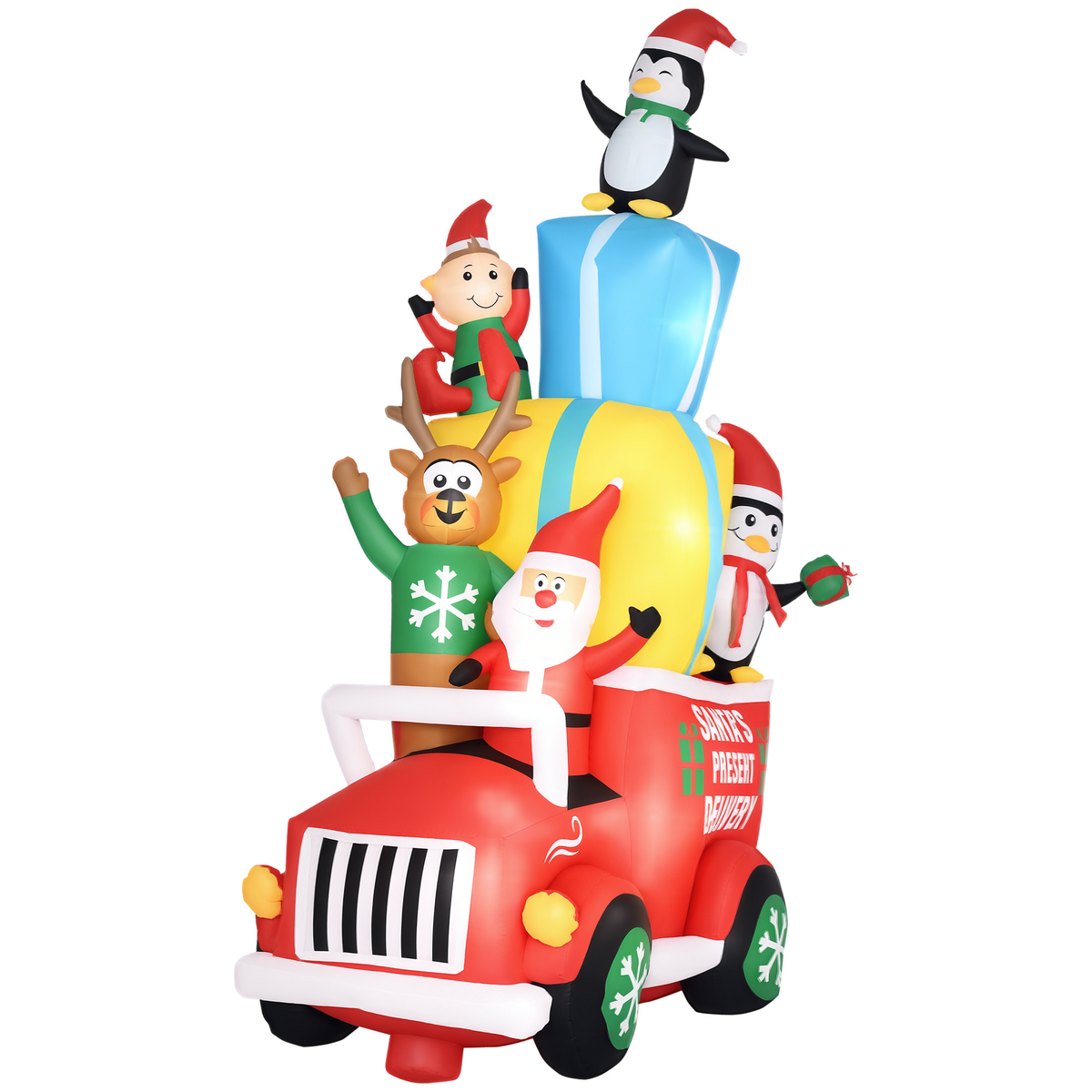 9ft Christmas Inflatables Outdoor Decorations Santa Claus Drives a Gift Car with Elk, Elf and Two Penguins, Blow-Up LED Yard Christmas Decor for Garden, Lawn