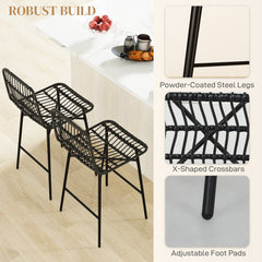 Rattan Counter Bar Stools Set of 2, 26" Counter Height Barstools with Back, Bar Chairs for Kitchen Island, Black