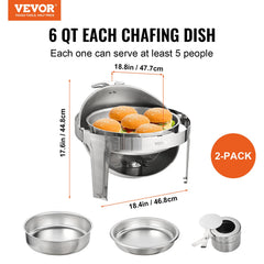 Roll Top Chafing Dish Buffet Set, 6 Qt 2 Pack, Stainless Steel Chafer With 2 Full Size Pans, Round Catering Warmer Server With Lid Water Pan Stand Fuel Holder, For At Least 5 People Each