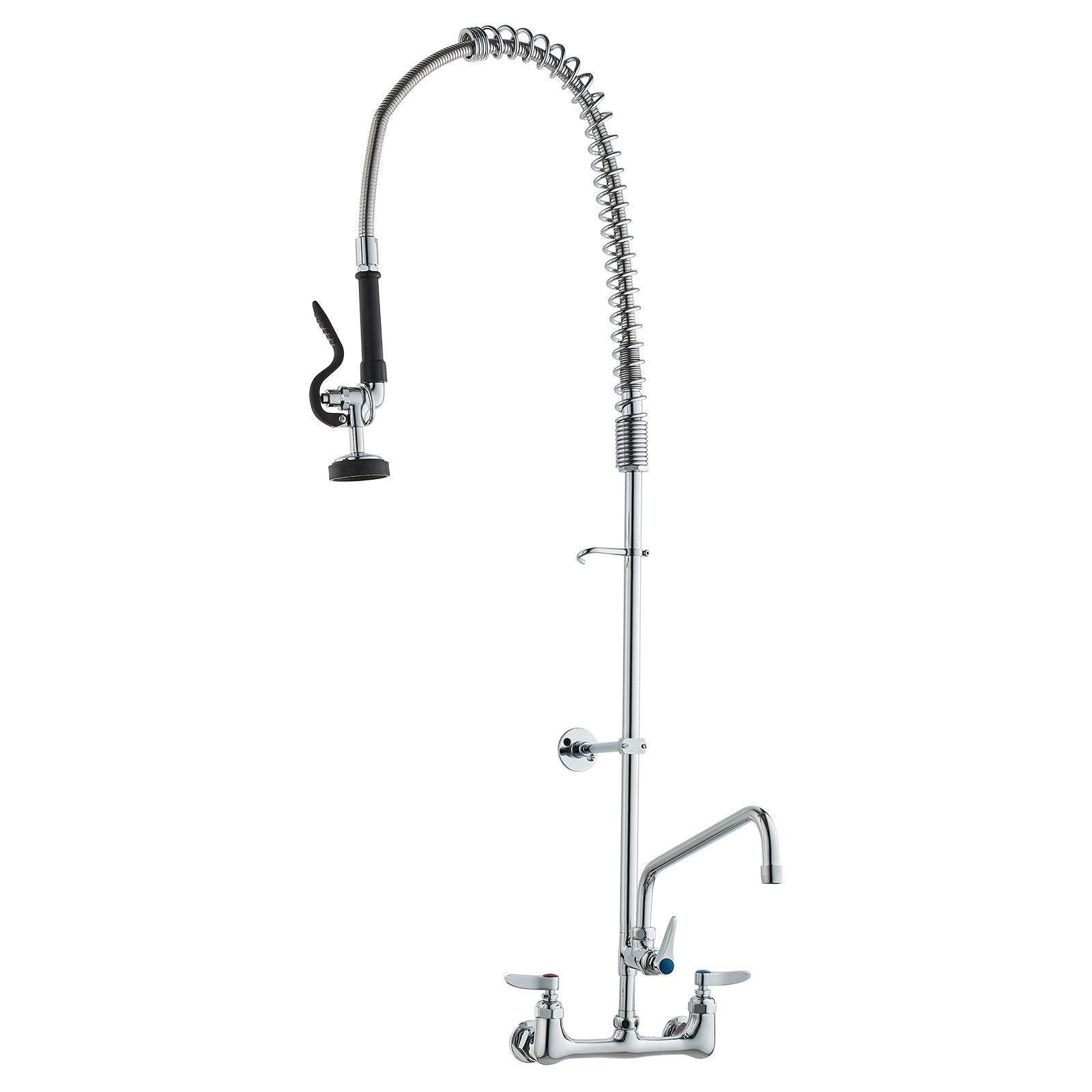 Commercial Faucet With Pre-Rinse Sprayer, 47' Height, 8' Center, 12' Swing Spout, Wall Mount Kitchen Sink Faucet, Brass Constructed Device With Pull Down Spray, For 1/2/3 Compartment Sink