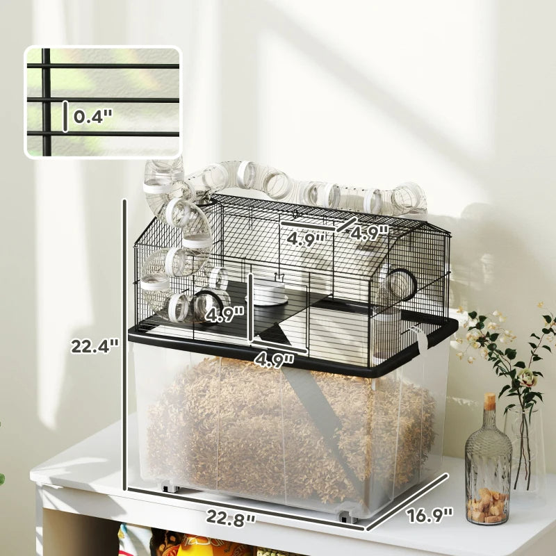 2 Tier Hamster Cage With 12 Deep Tray, Tube System, Water Bottle, Ramp, Feeding Bowl, Black
