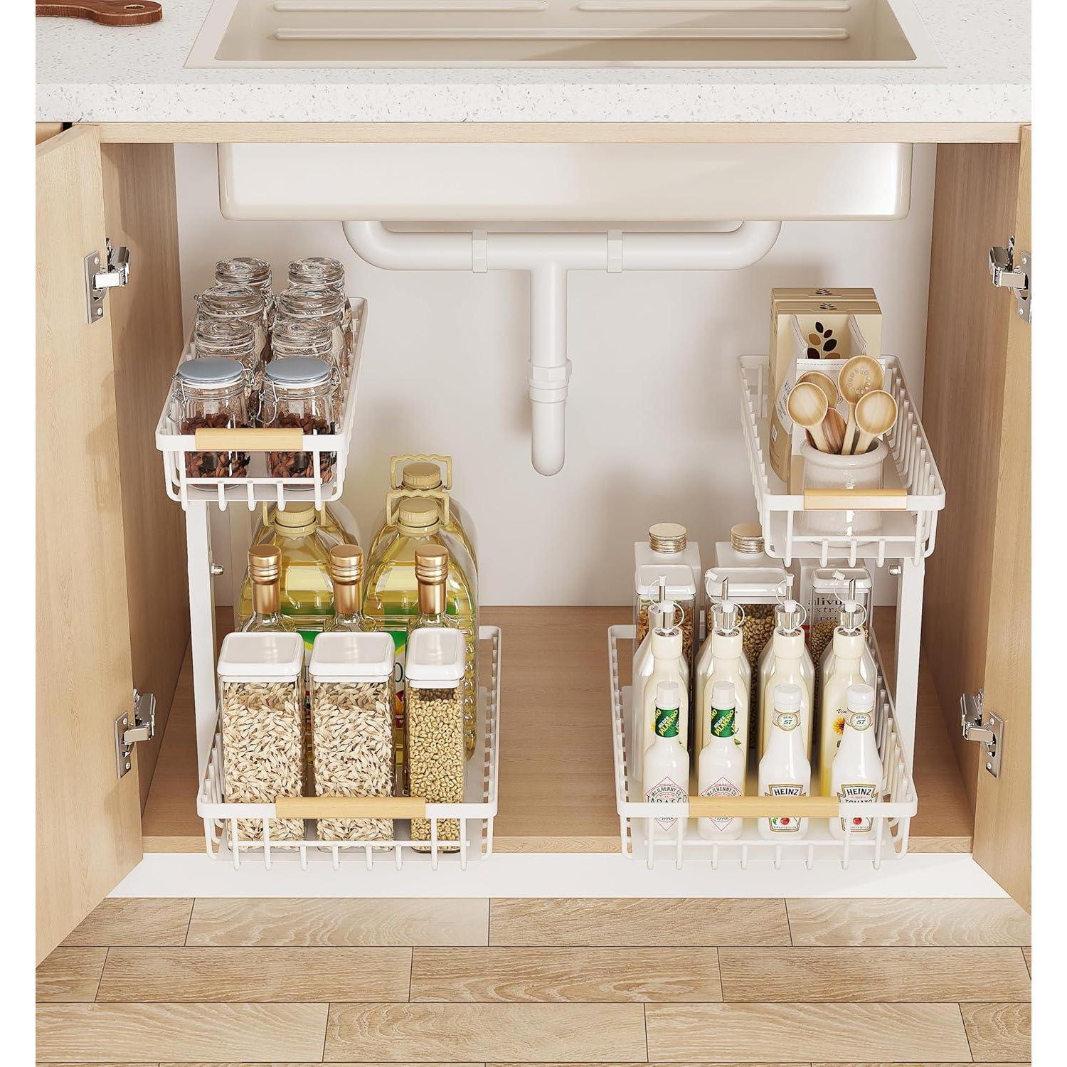 Metal Adjustable Height Two-Tier Drawer Kitchen Bathroom Under Sink Storage Rack