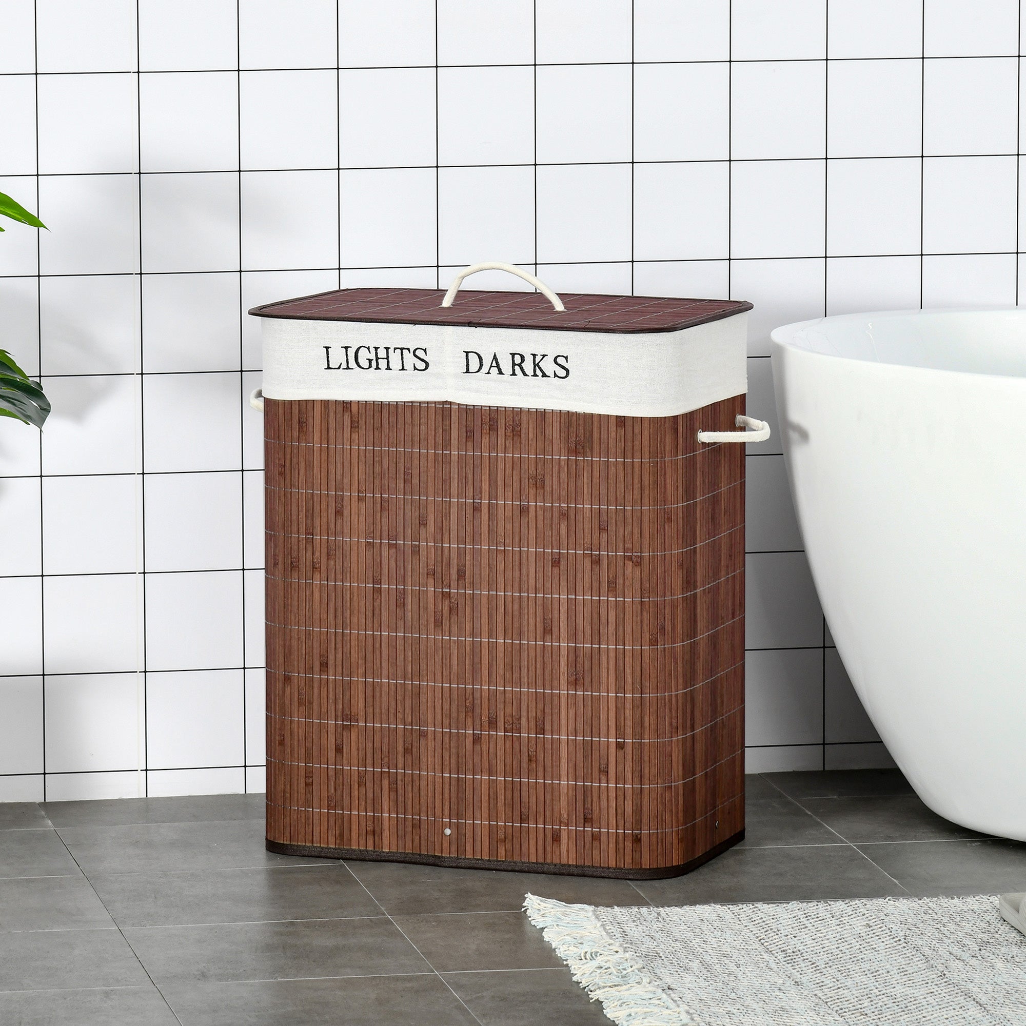 Bamboo Laundry Basket With Lid And String Handles, Collapsible Laundry Hamper With 2 Removable Bags