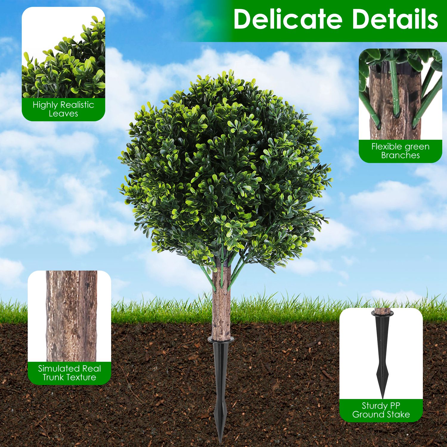 2 Packs Faux Boxwood Ball Trees Artificial Peanut Topiary Tree UV Resistant Artificial Shrubs Fake Plants Evergreen Artificial Bush With Ground Spike For Indoor Outdoor Front Porch Garden