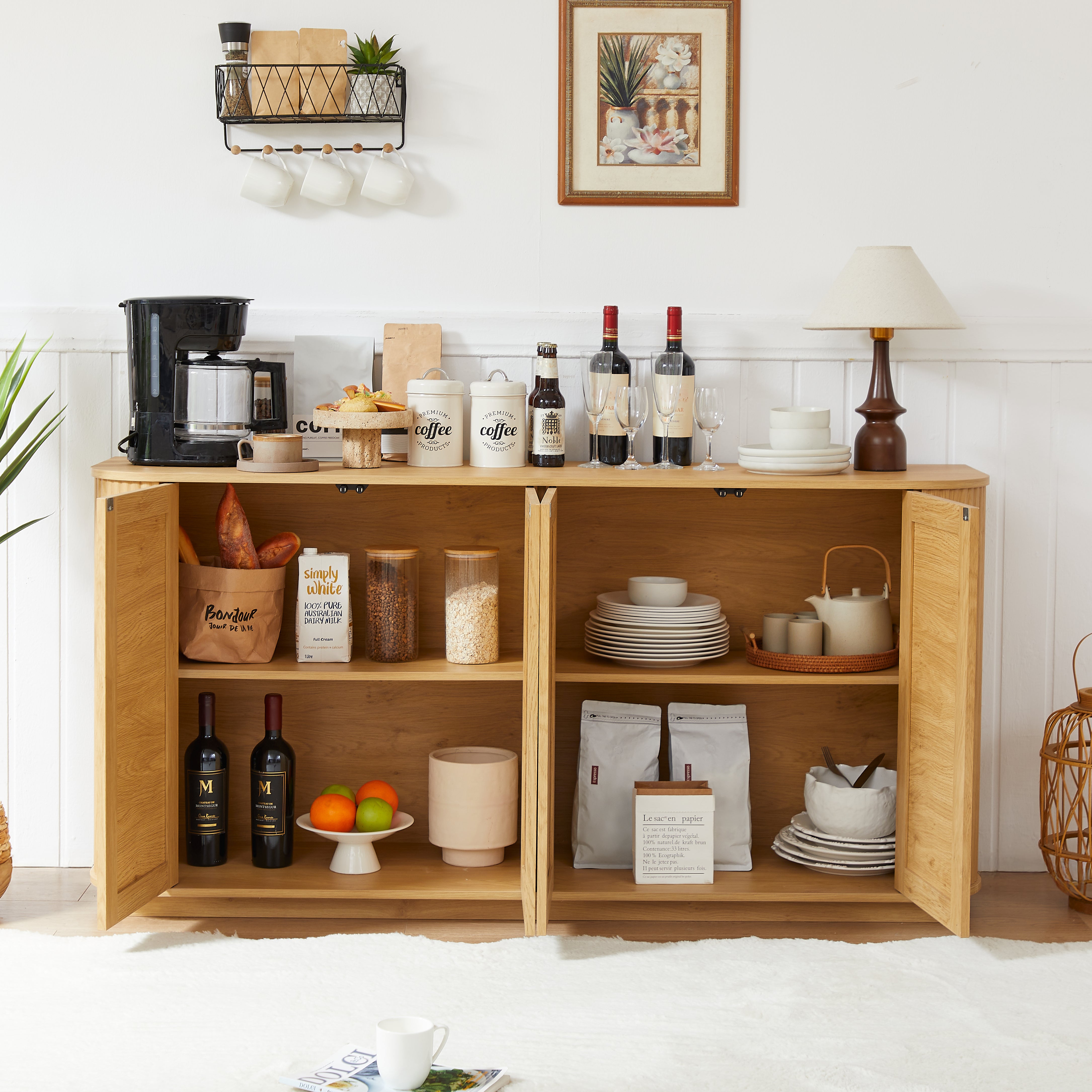 64-inch Wave Shaped TV Stand, Rounded Corner Sideboard, Storage Cabinet, Buffet, Wood Vertical Striped Cabinet With Rattan Doors For Kitchen Bedroom Entryway. Natural, 64W X 15D X 31.5H