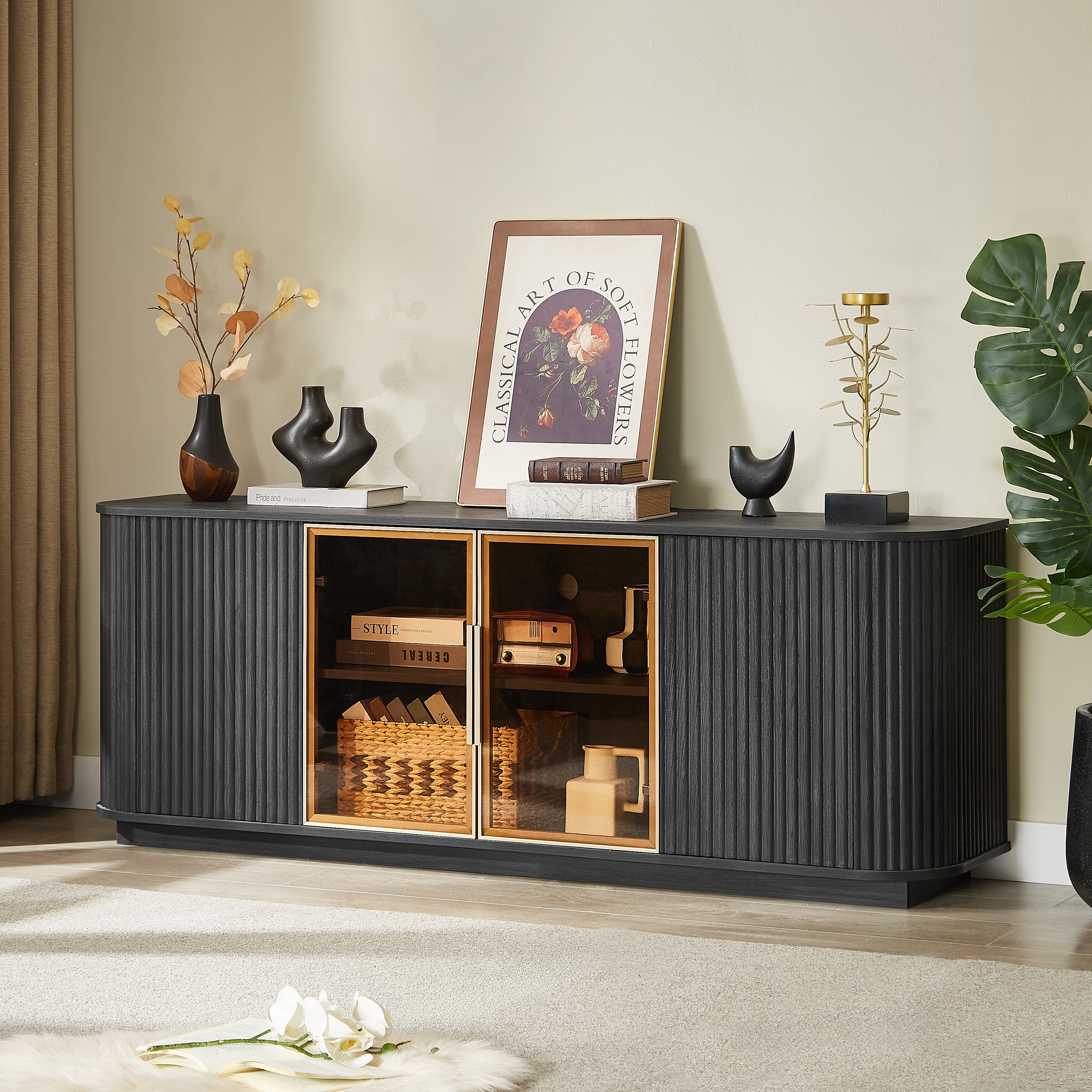 64-Inch Wavy TV Cabinet, Round Sideboard, Wooden Vertical Stripe Storage Cabinet, Aluminum Door Framed Tempered Glass Cabinet For Living Room Bedroom Entryway. Black,64W X 15D X 24H.