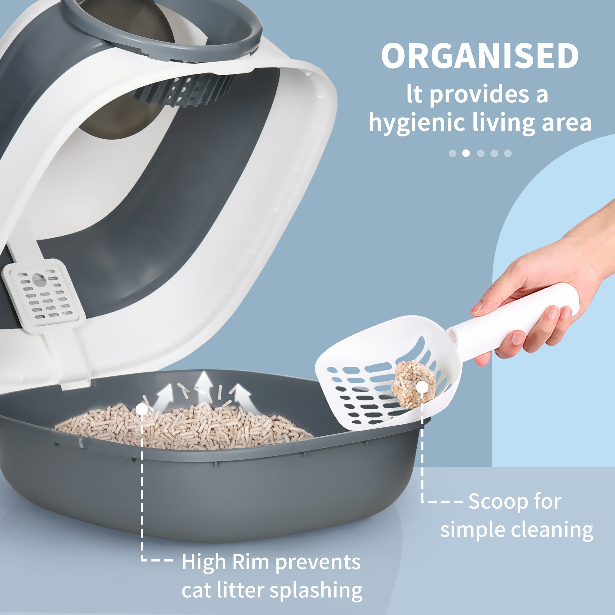 Dome Covered Cat Litter Box with Lid, White and Gray