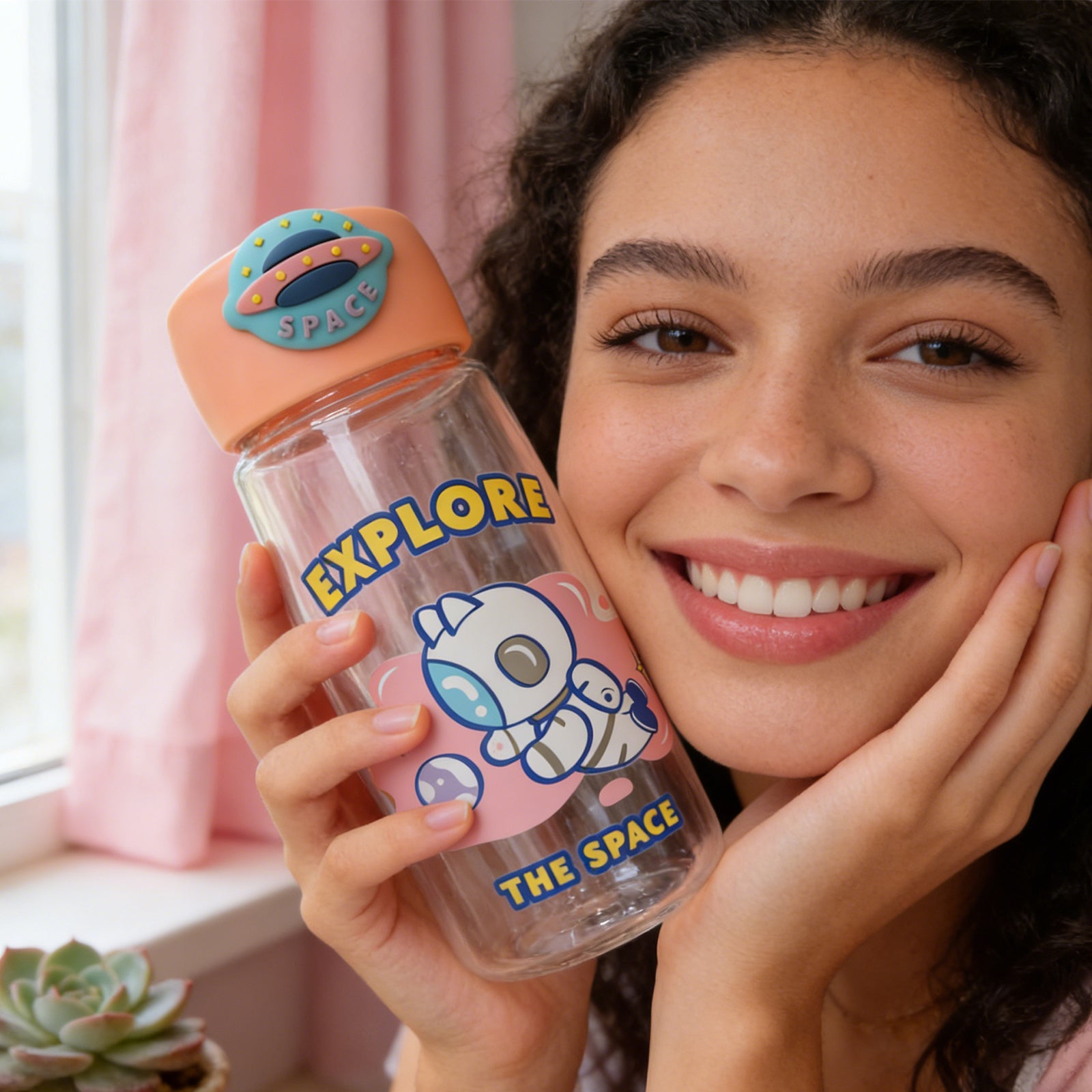 Astronaut Cat Plastic Bottle 400ml-Pink