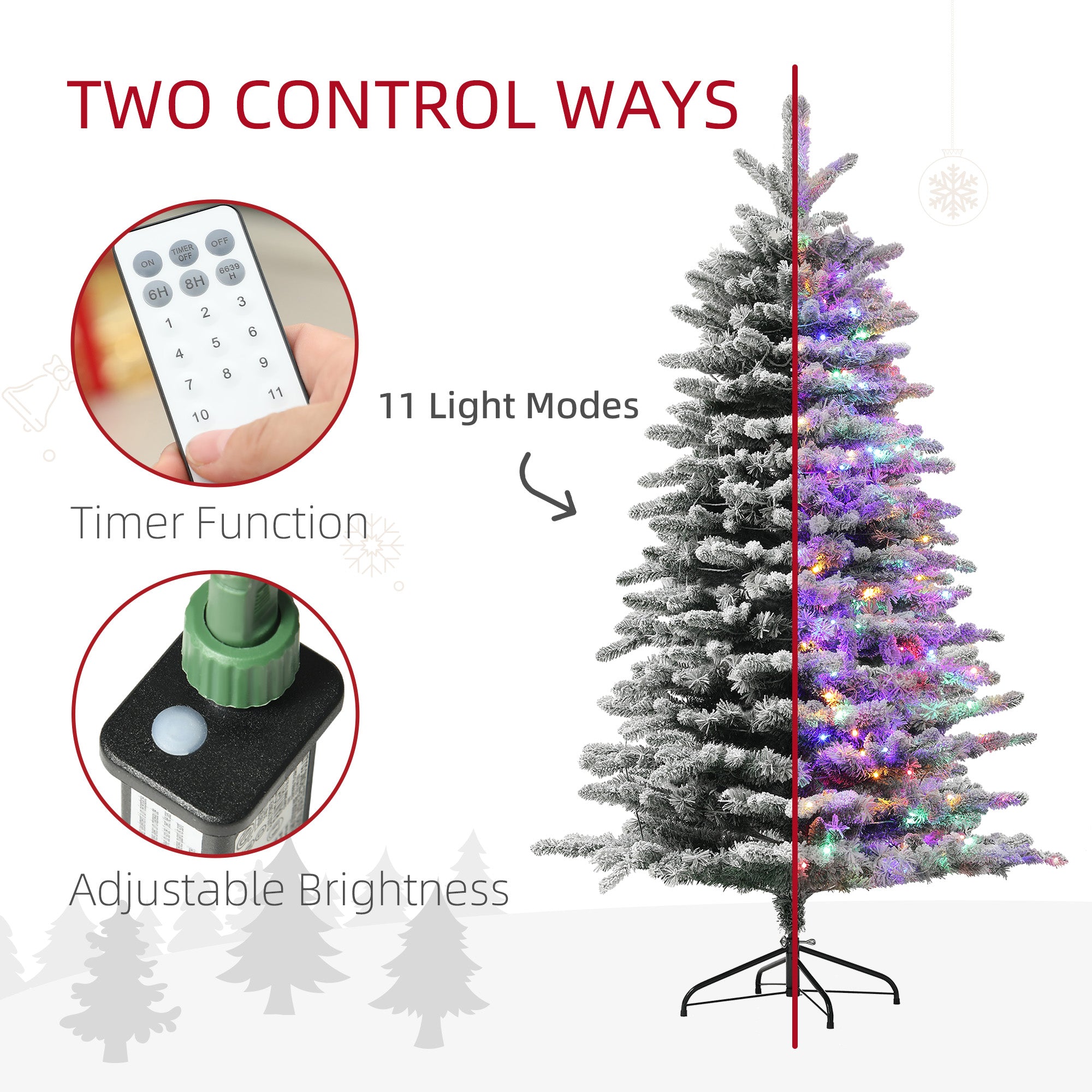 HOMCOM 6.5 Ft Pre-Lit Mountain Pine Artificial Christmas Tree, Snow Flocked Christmas Tree, Hinged Xmas Tree With 400 LED Lights And 990 Branch Tips For Holiday Party Decoration, Green