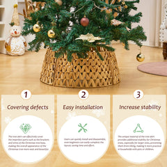 Handcrafted Openwork Woven Hyacinth Wicker Christmas Tree Collar - Rattan Xmas Tree Skirt & Stand Base Cover (Natural, 24 In)