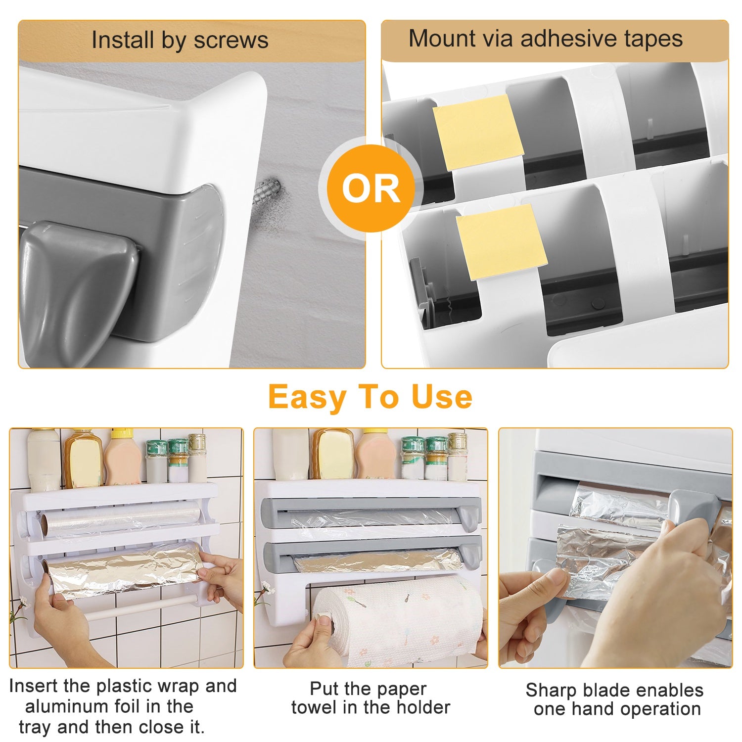 1Pc Kitchen Roll Dispenser Paper Roll Holder Plastic Wrap Film Foil Paper Organizer With Cutter Wall Mounted For Kitchen Bathroom