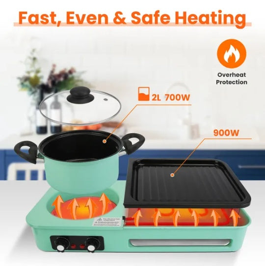Electric Grill And Hot Pot Combo - 1600W Smokeless Korean BBQ Grill With Dual-Zone Cooking Non-Stick Surface & Adjustable Temp Control For 3-6 People IndoorOutdoor Use