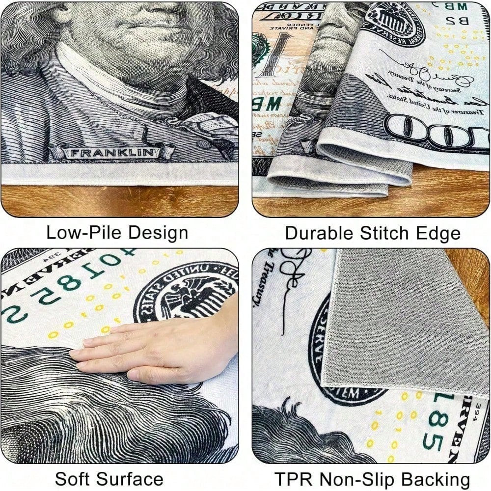 One Hundred Dollar Design Area Rug, Currency Inspired Non-Slip Carpet For Living Room & Entryway