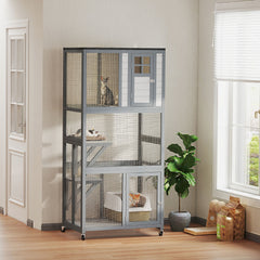 74" Wooden Outdoor Cat House Catio with High Weight Capacity, Cat Cage Condo, Dark Gray