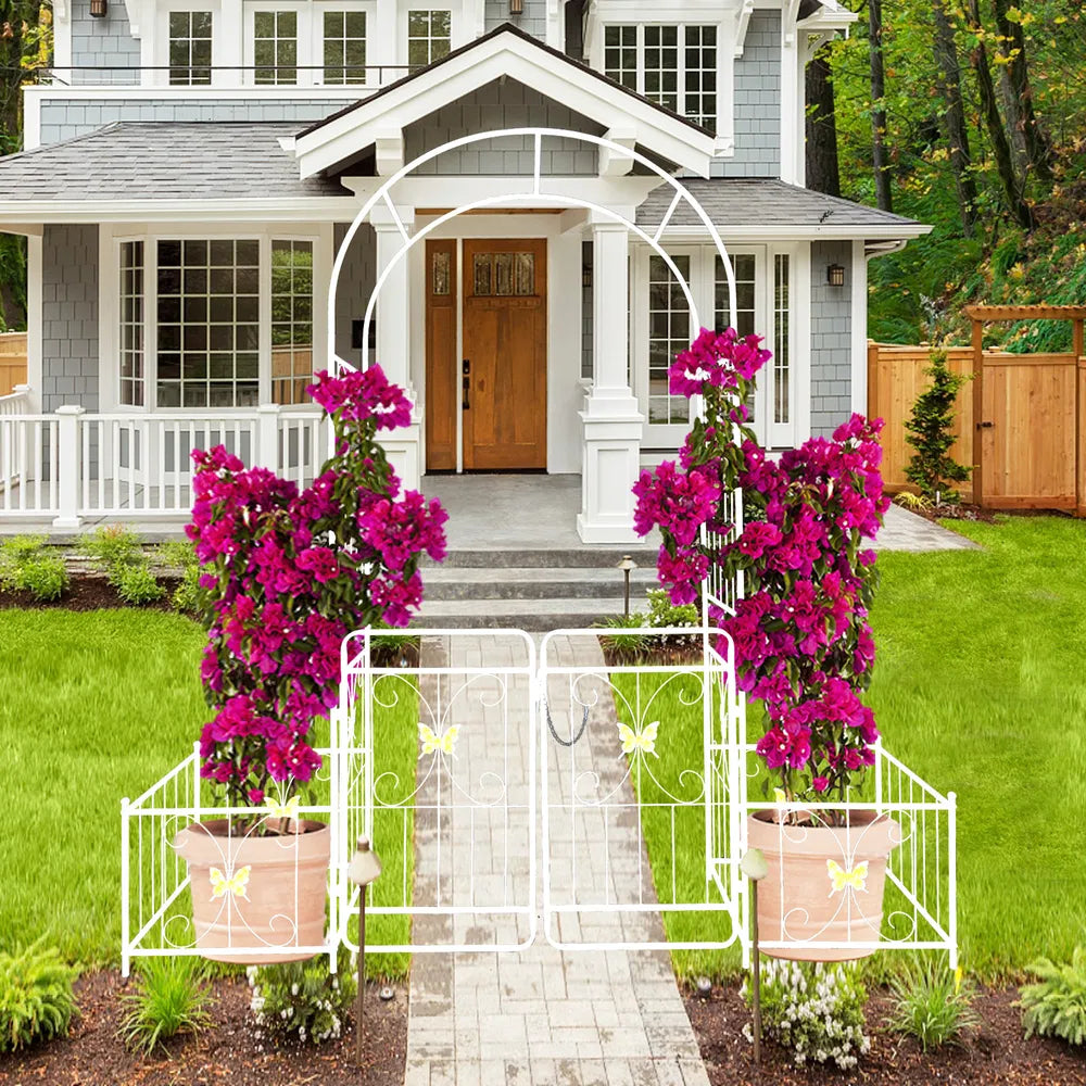 Metal Garden Arch With Gate 79.5'' Wide X 86.6'' High Climbing Plants Support Rose Arch Outdoor