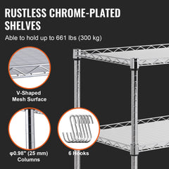 3-Tier Utility Cart Rolling Cart On Wheels 40.5'x17.7'x40.9' 661 LBS 6 Hooks