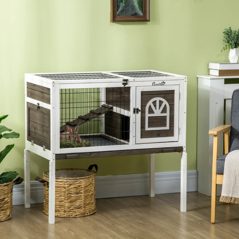PawHut Wood Rabbit Hutch, Elevated Guinea Pig Cage With Run, Coffee