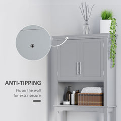 Modern Over The Toilet Storage Cabinet, Double Door Bathroom Organizer with Inner Adjustable Shelf and Open Shelf, Gray