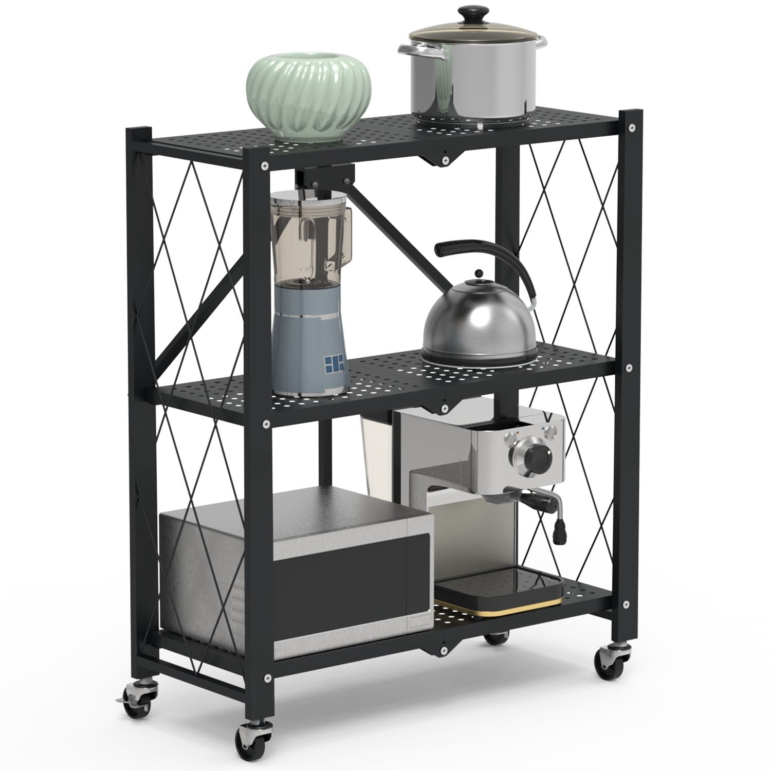 1Pc 3Tier Foldable Storage Shelf With Lockable Wheels No Assembly Rolling Utility Shelf Heavy Duty Collapsible Organizer Rack For Kitchen Living Room Basement Pantry Bedroom
