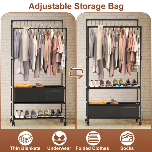 3 Tiered Portable Clothing Rack For Bedroom Entryway Double Hanging Rods Sturdy Iron Garment Rack With Double Height Rods Adjustable Storage Bag Lockable Universal Wheels Easy Assembly