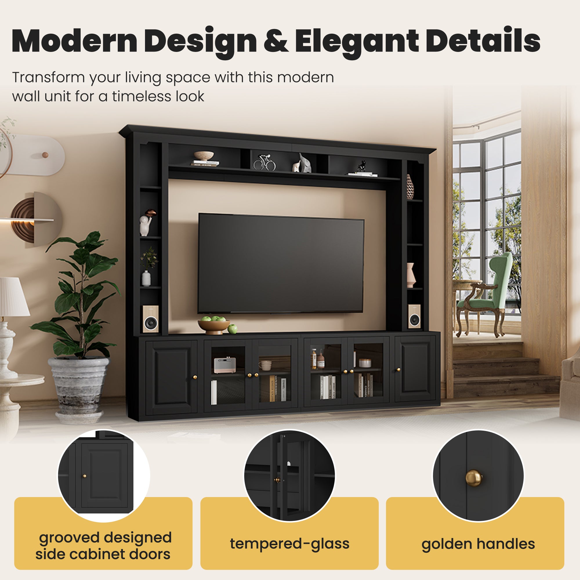4-Piece Modern Entertainment Center Wall Unit With Bookshelves, All-in-1 Large TV Stand With Tempered Glass Door For TVs Up To 80, 92inch Media Console With Adjustable Shelves For Living Room, Black