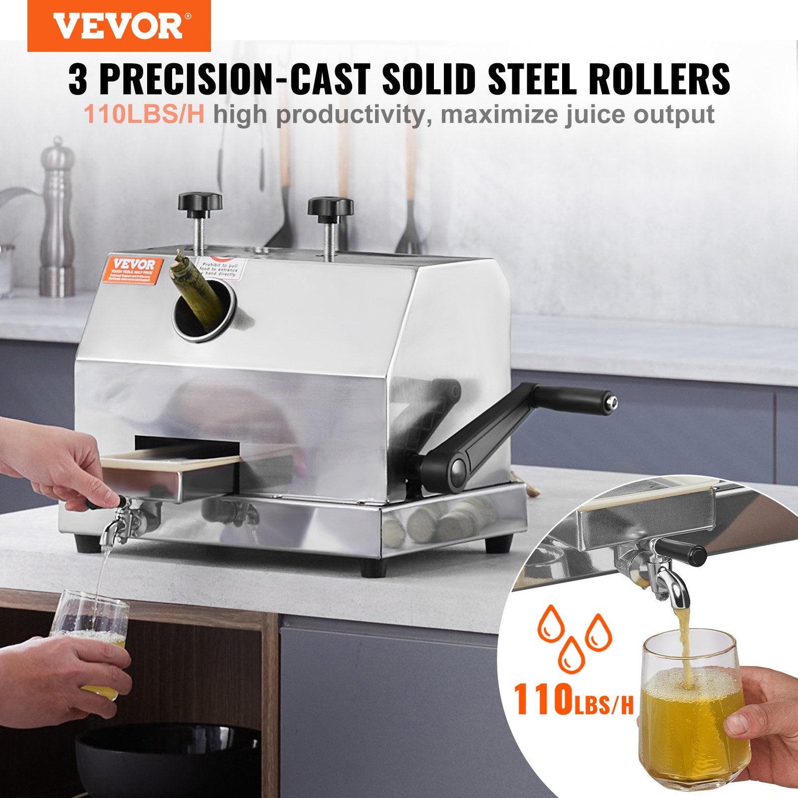 Commercial Sugar Cane Juicer, 110LBS/H High Output Sugarcane Juicer Machine With 3 Stainless Steel Rollers And 2.4" Large Inlet, Manual Sugarcane Juice Squeezer Extractor For Commercial/Home Use